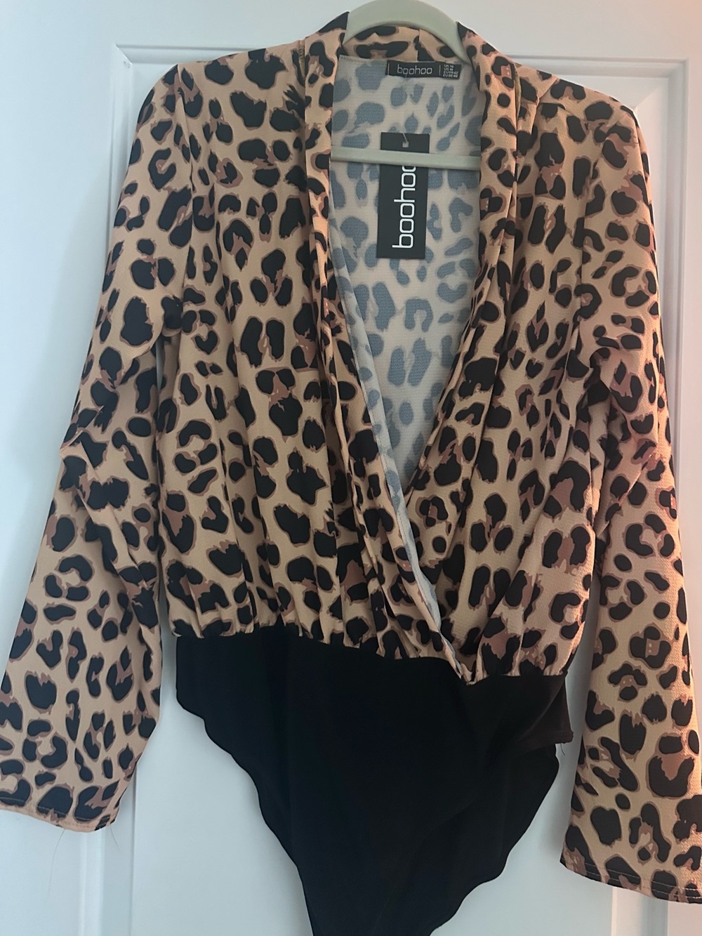 Boohoo Leopard Wrap Bodysuit in Tan and Black